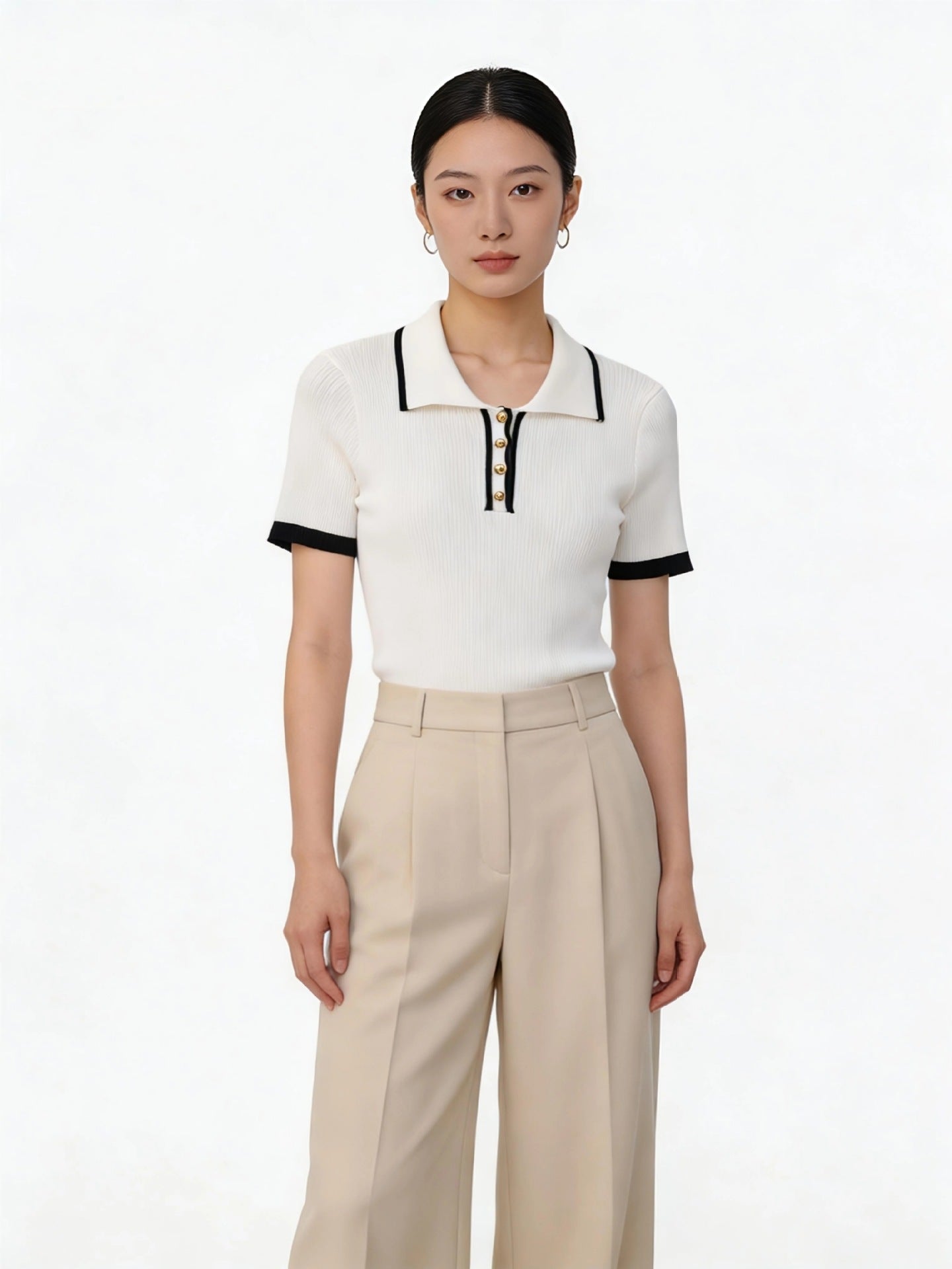 Chic Lapel Contrast-Knit Slim Top