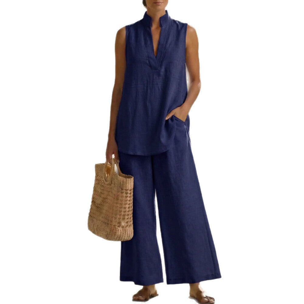 Sleeveless V-Neck Vest & Wide-Leg Pants Set