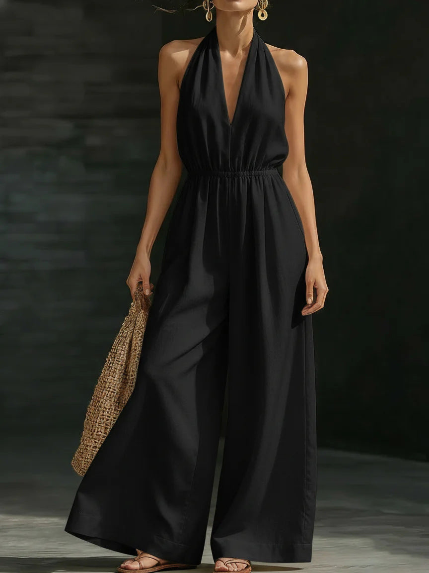 High-Waist V-Neck Halter Wide-Leg Cropped Jumpsuit