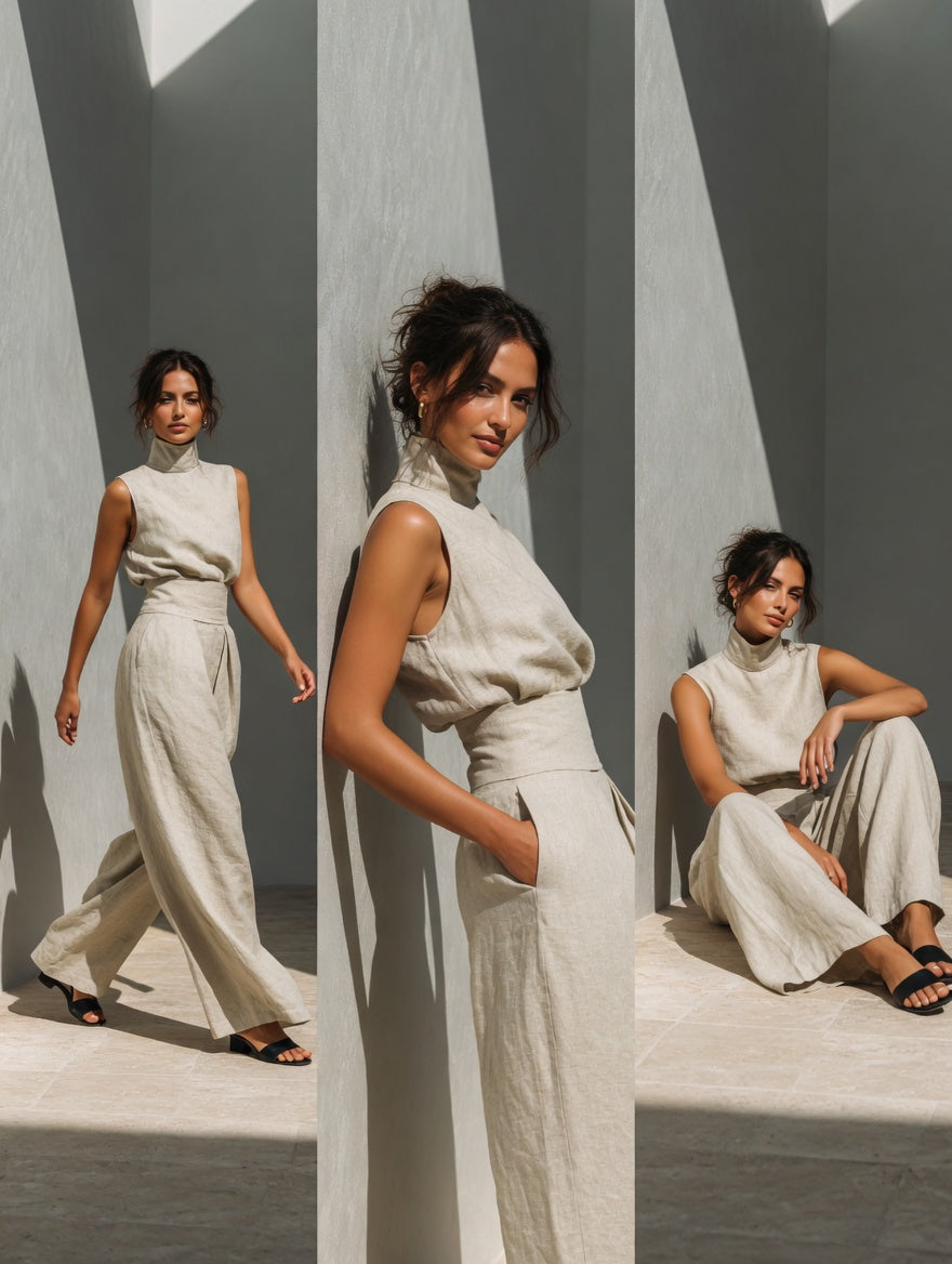 Sleeveless Stand-Collar Top & Straight-Leg Pants Set