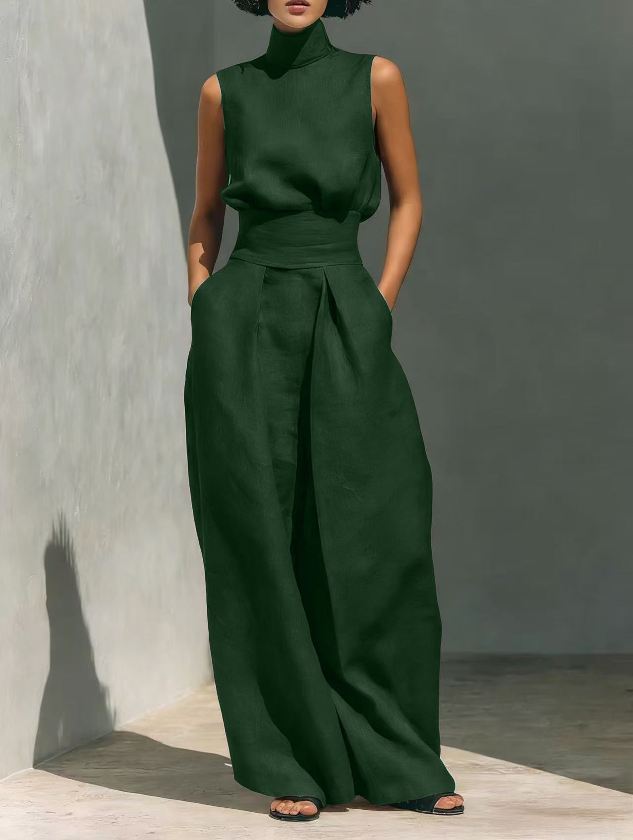Sleeveless Stand-Collar Top & Straight-Leg Pants Set