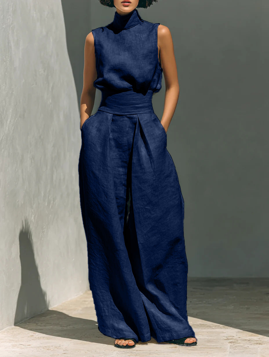 Sleeveless Stand-Collar Top & Straight-Leg Pants Set