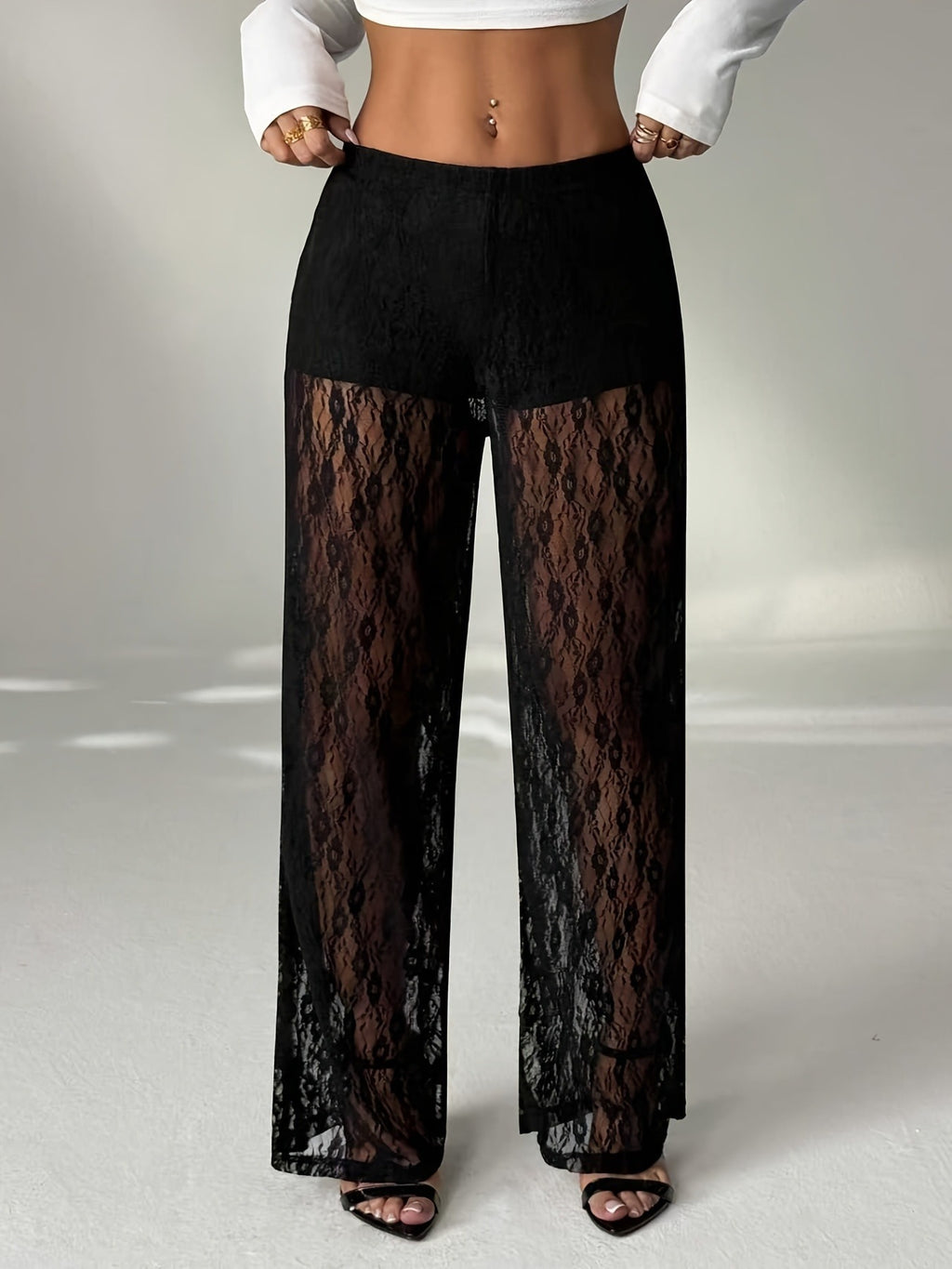 High-Waist Lace-Panel Wide-Leg Pants