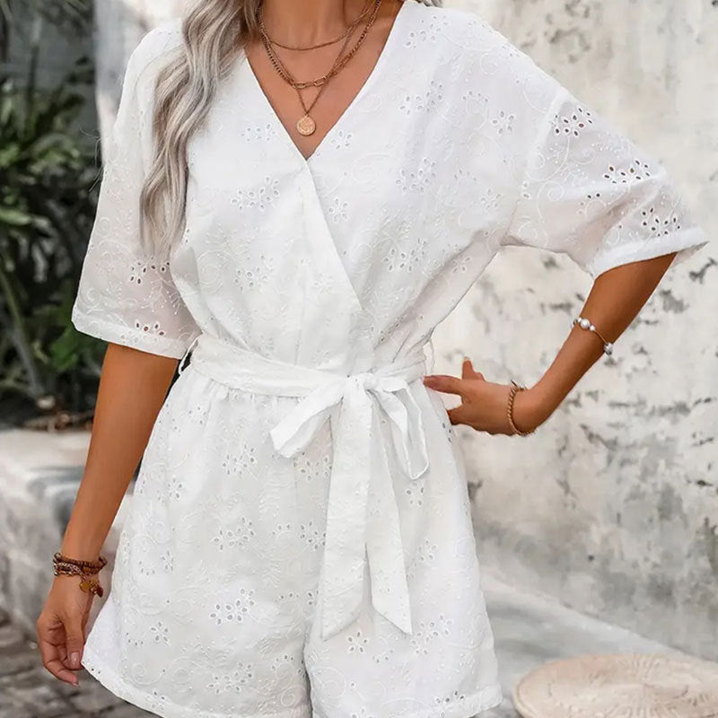 High-Waist Hollow-Out Belted Cropped Jumpsuit
