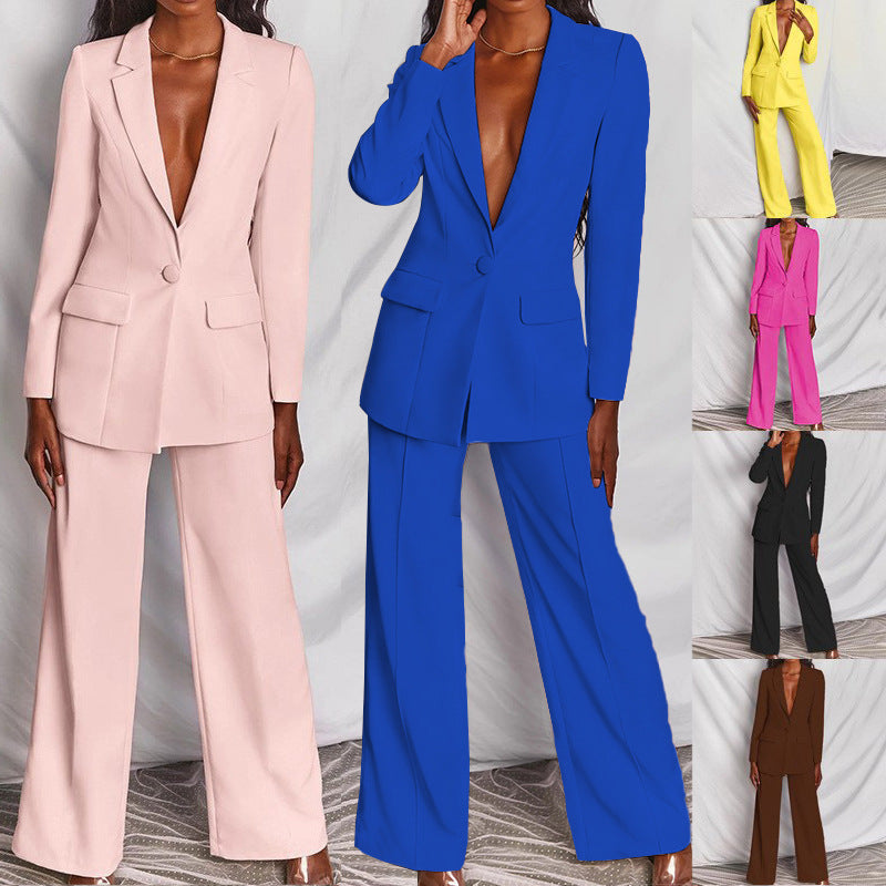 Lapel Blazer & Straight-Leg Pants Office Suit Set
