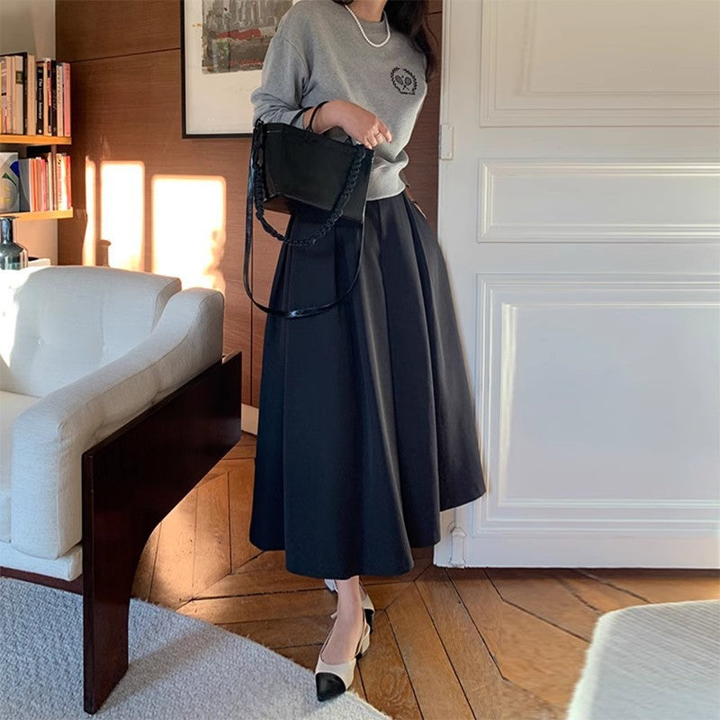 High-Waist Pleated Midi A-Line Skirt