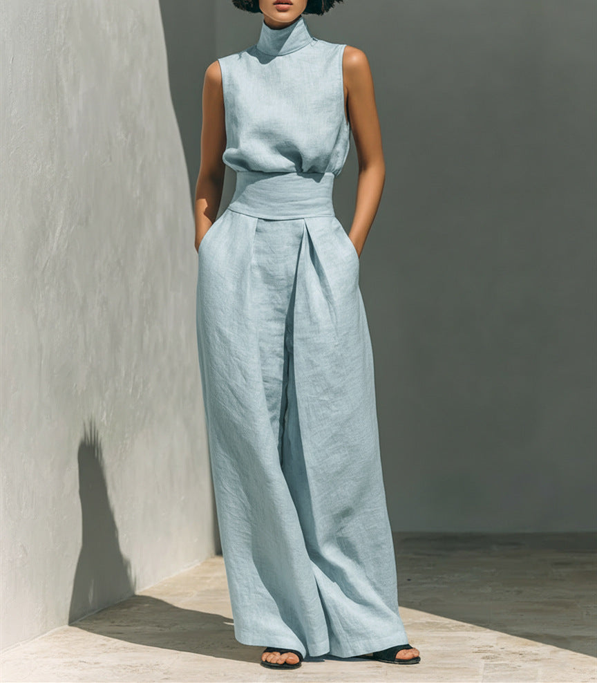 Sleeveless Stand-Collar Top & Straight-Leg Pants Set