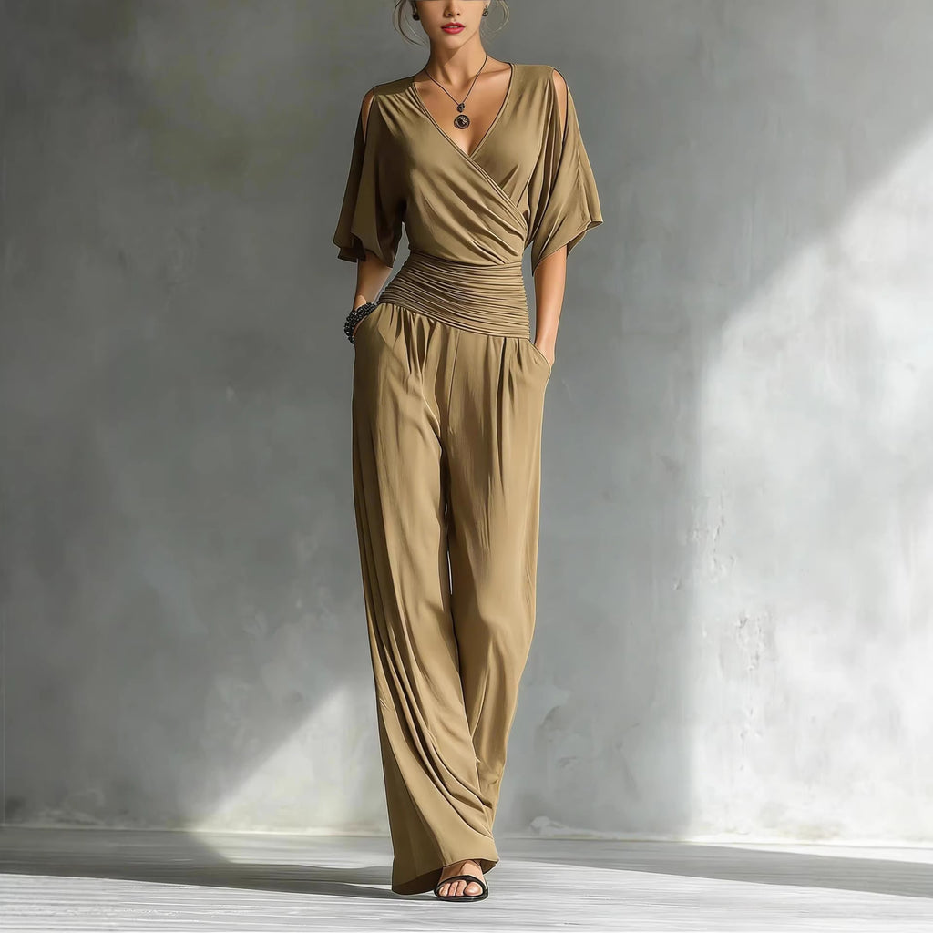Off-Shoulder V-Neck Slim-Fit French Style Jumpsuit