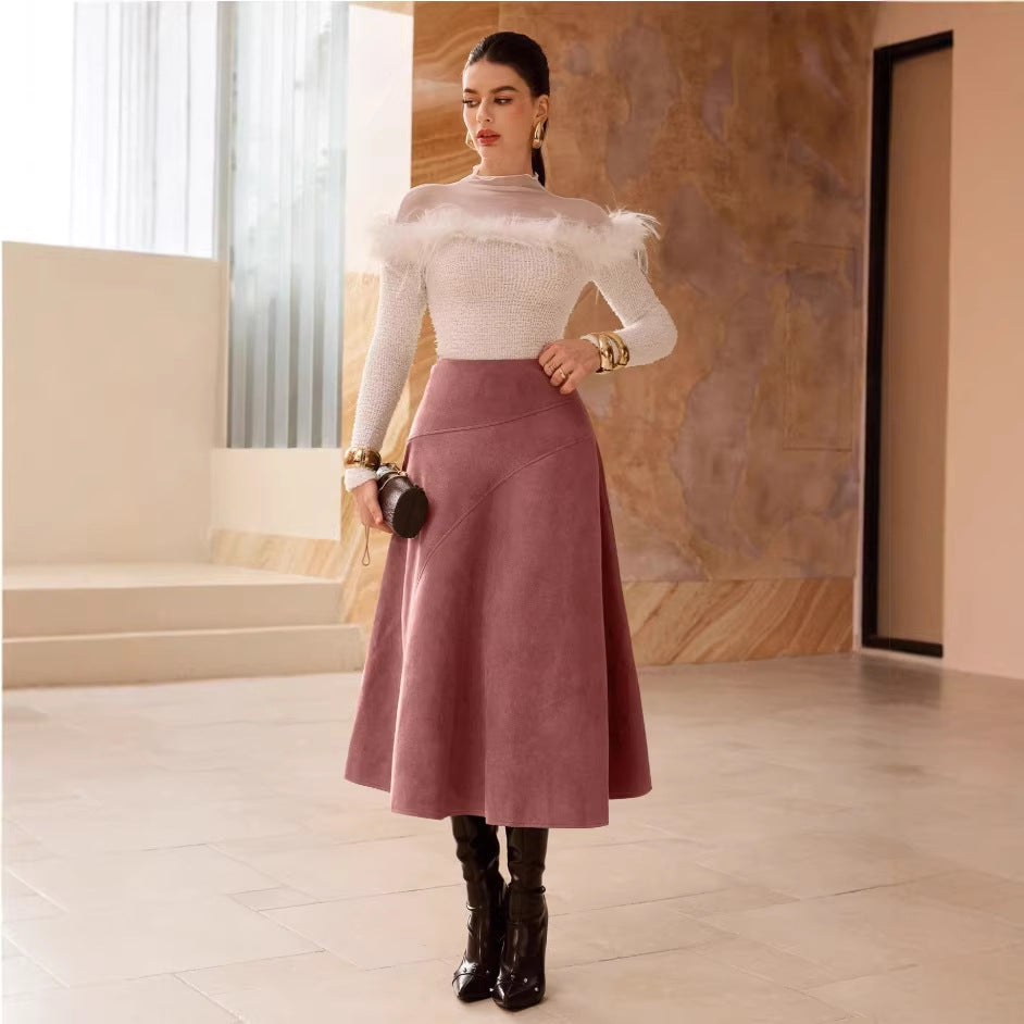 Solid-Color Faux Suede A-Line Long Skirt
