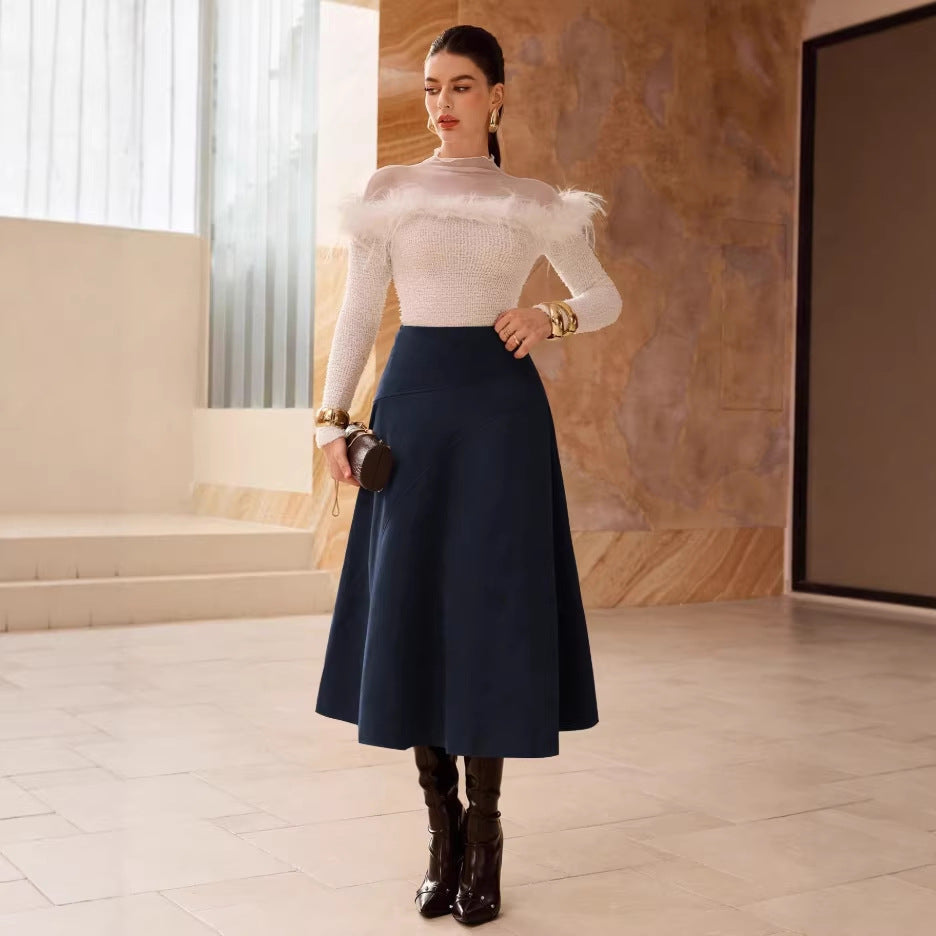 Solid-Color Faux Suede A-Line Long Skirt