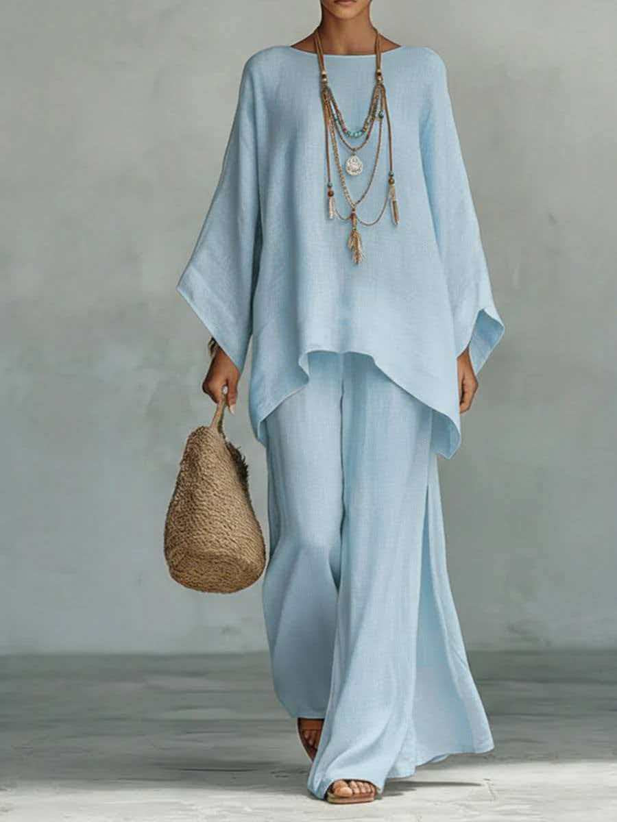 Minimalist Long-Sleeve Top & Wide-Leg Pants Set