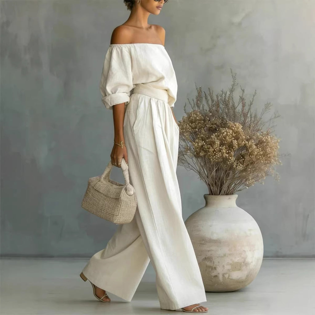 Off-Shoulder Long-Sleeve Top & Wide-Leg Pants Set