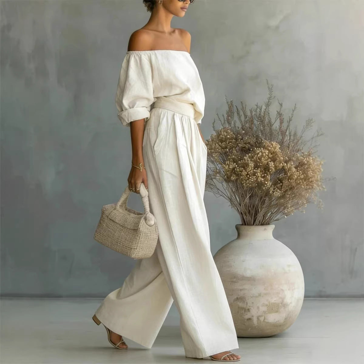 Off-Shoulder Long-Sleeve Top & Wide-Leg Pants Set