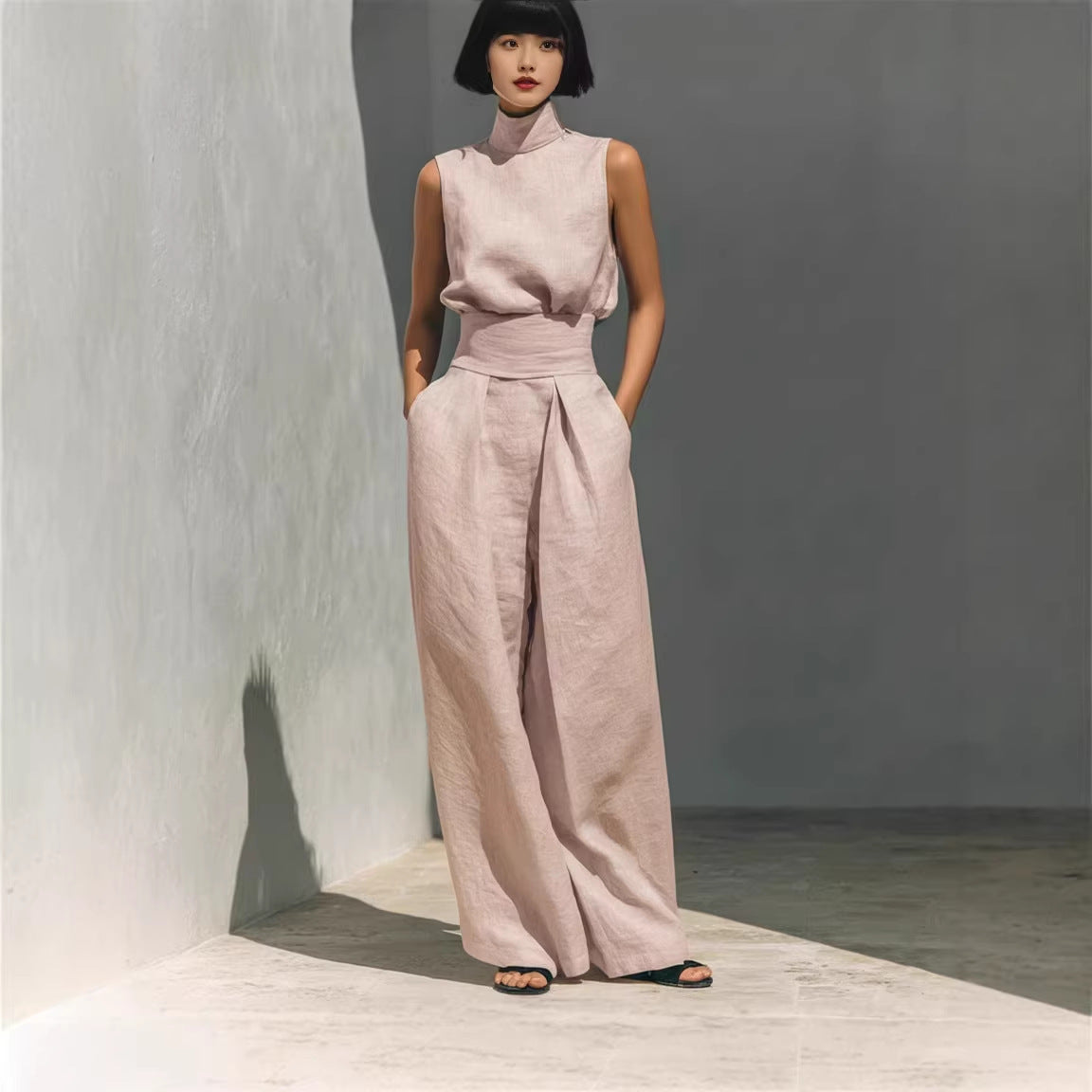 Sleeveless Stand-Collar Top & Straight-Leg Pants Set