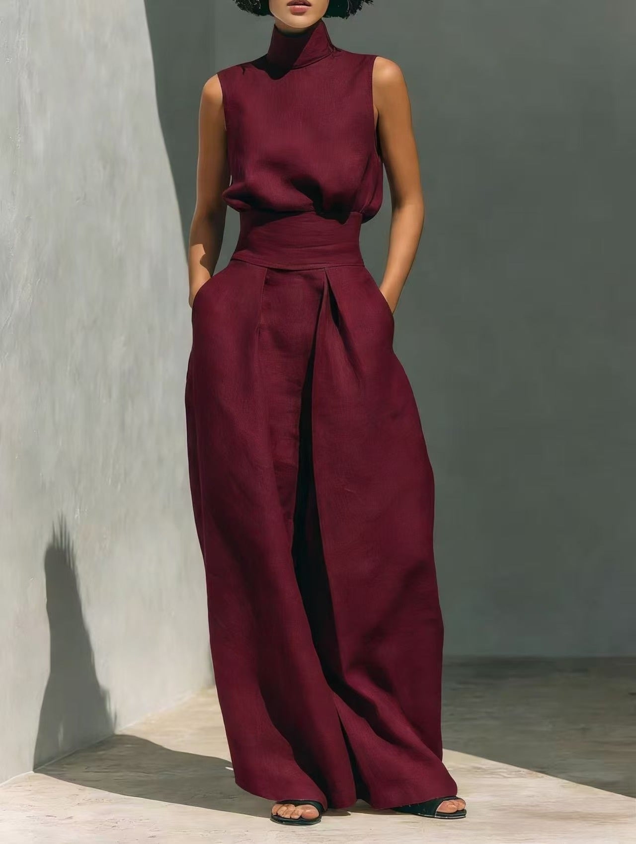 Sleeveless Stand-Collar Top & Straight-Leg Pants Set