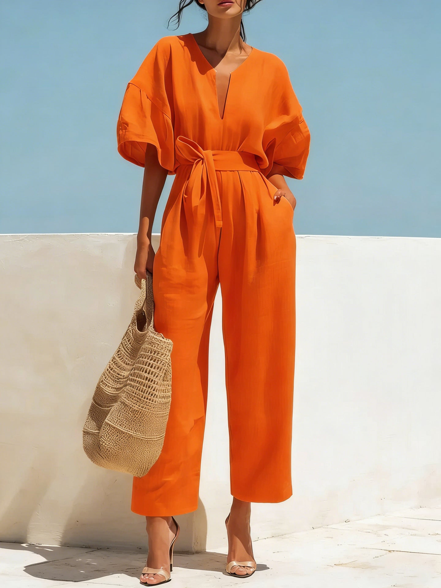 V-Neck High-Waist Cotton-Linen Wide-Leg Jumpsuit