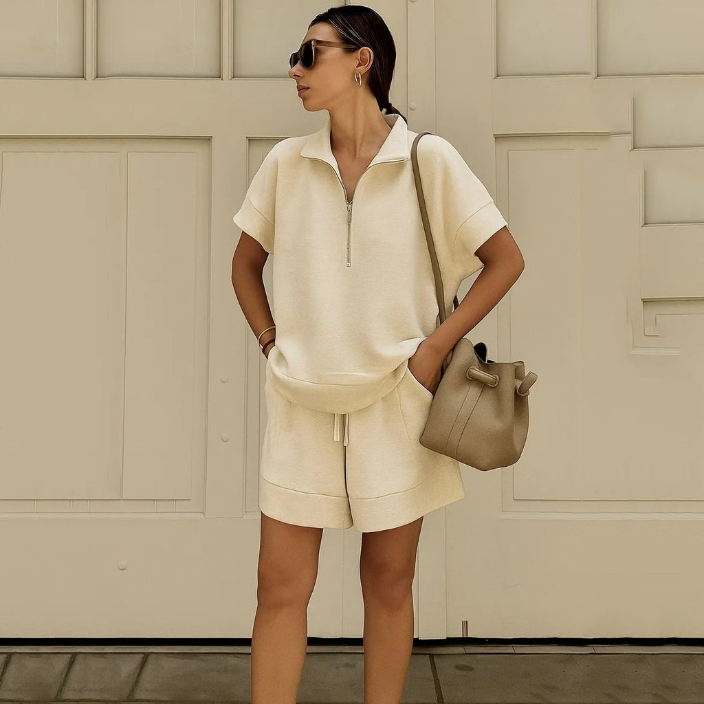 Solid-Color Casual Sweatshirt & Shorts Two-Piece Set
