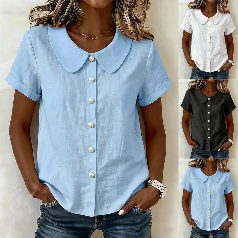 Solid-Color Loose-Fit Short-Sleeve Linen Shirt