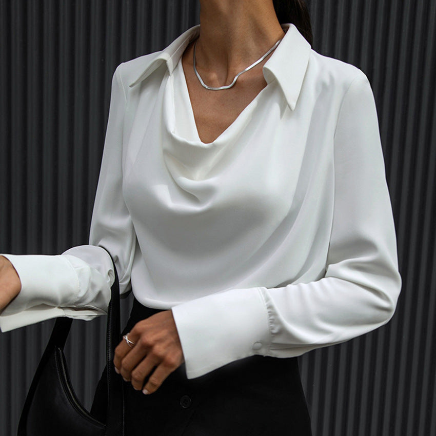 Solid-Color Collared Long-Sleeve Business Blouse