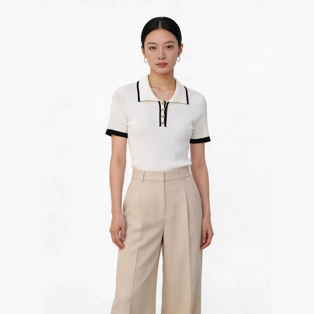 Chic Lapel Contrast-Knit Slim Top