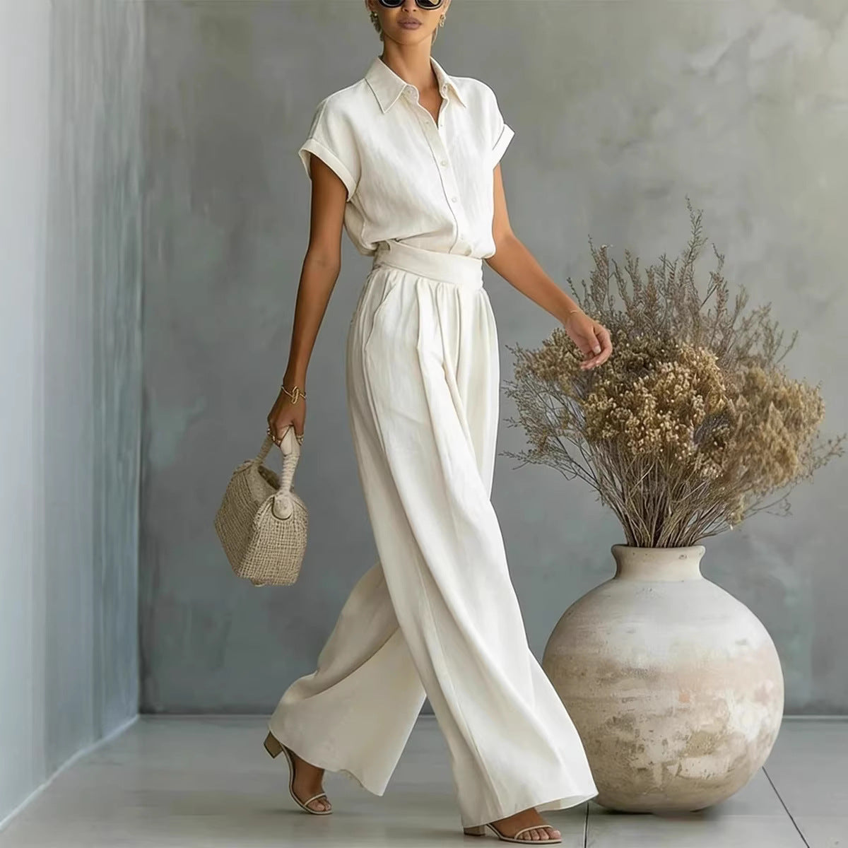 Asymmetric Cotton-Linen Shirt & Wide-Leg Pants Set
