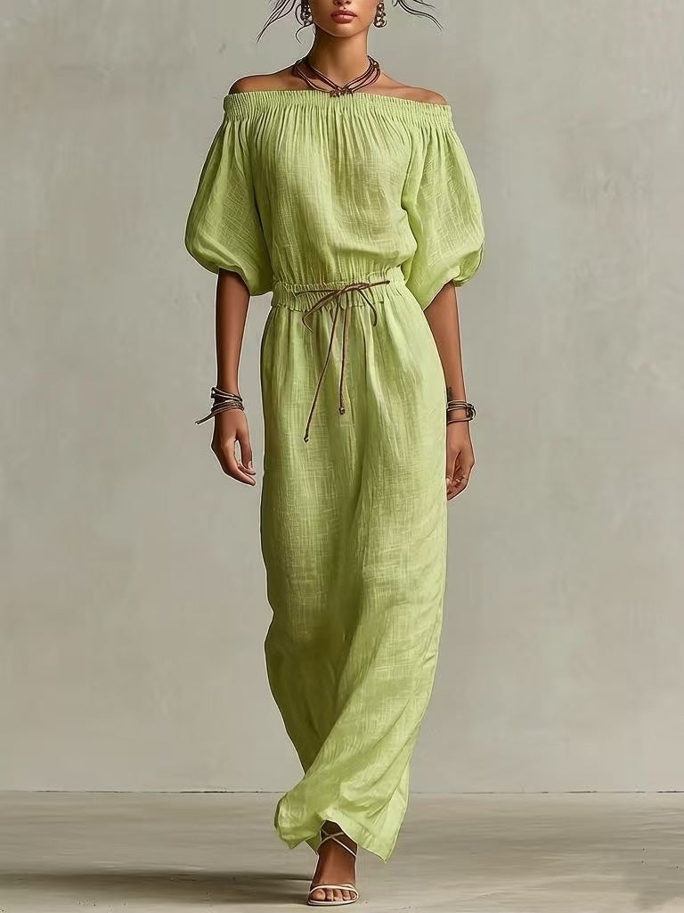 Casual Linen Lantern-Sleeve Top & Full-Length Pants Suit