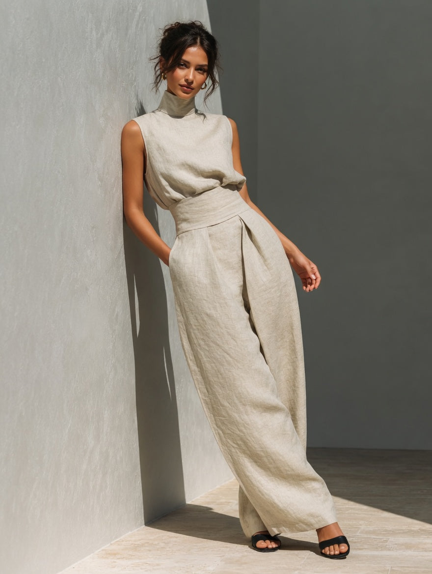 Sleeveless Stand-Collar Top & Straight-Leg Pants Set