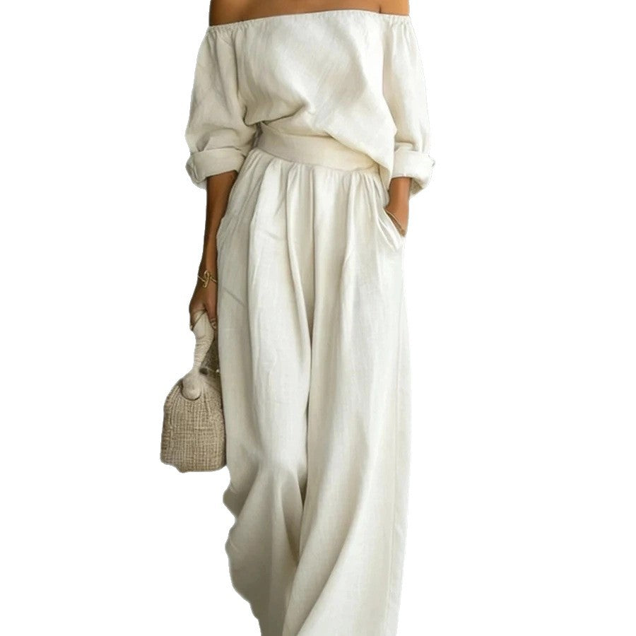 Off-Shoulder Long-Sleeve Top & Wide-Leg Pants Set