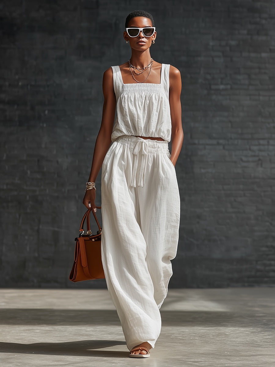 Sleeveless Off-Shoulder Top & Wide-Leg Pants Set