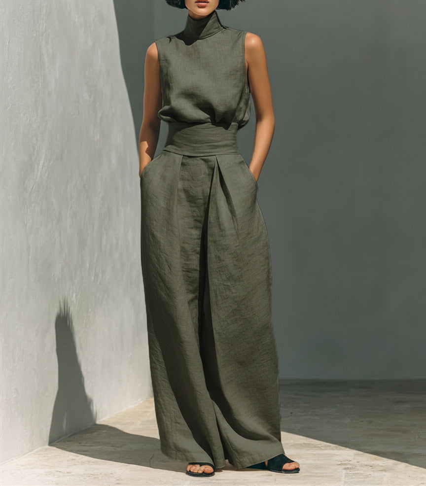 Sleeveless Stand-Collar Top & Straight-Leg Pants Set