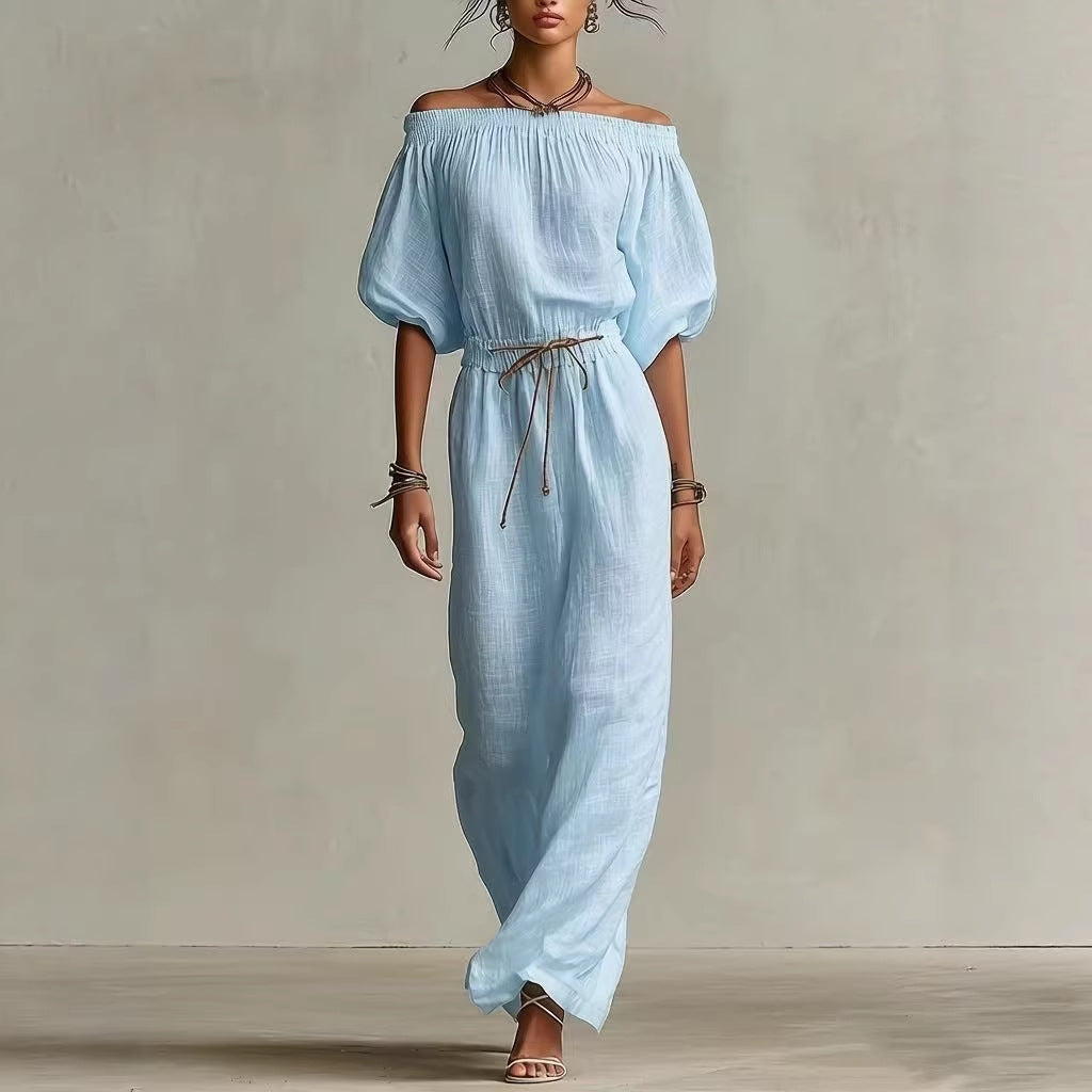 Casual Linen Lantern-Sleeve Top & Full-Length Pants Suit