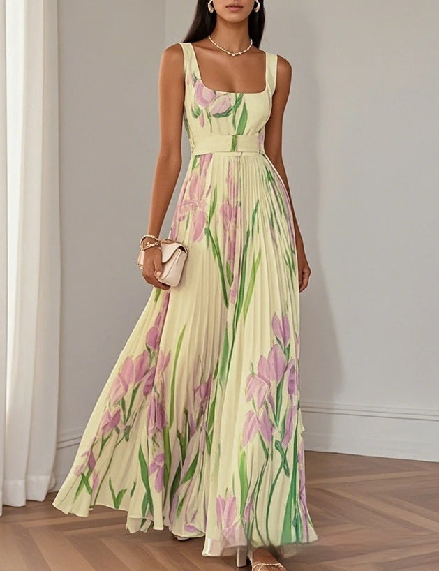 Garden Bloom High-Waist Pleated Midi Dress