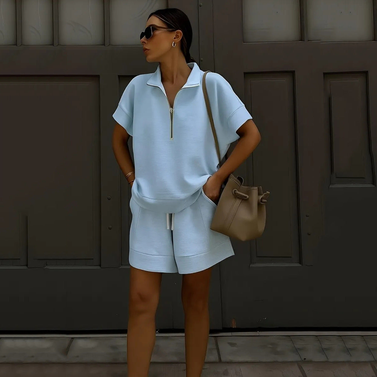 Solid-Color Casual Sweatshirt & Shorts Two-Piece Set