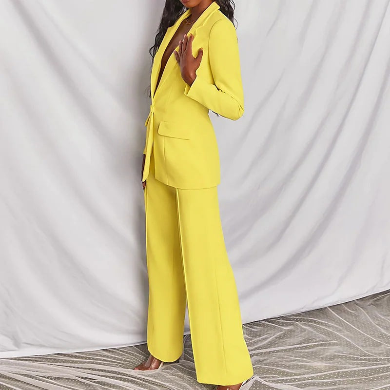 Lapel Blazer & Straight-Leg Pants Office Suit Set