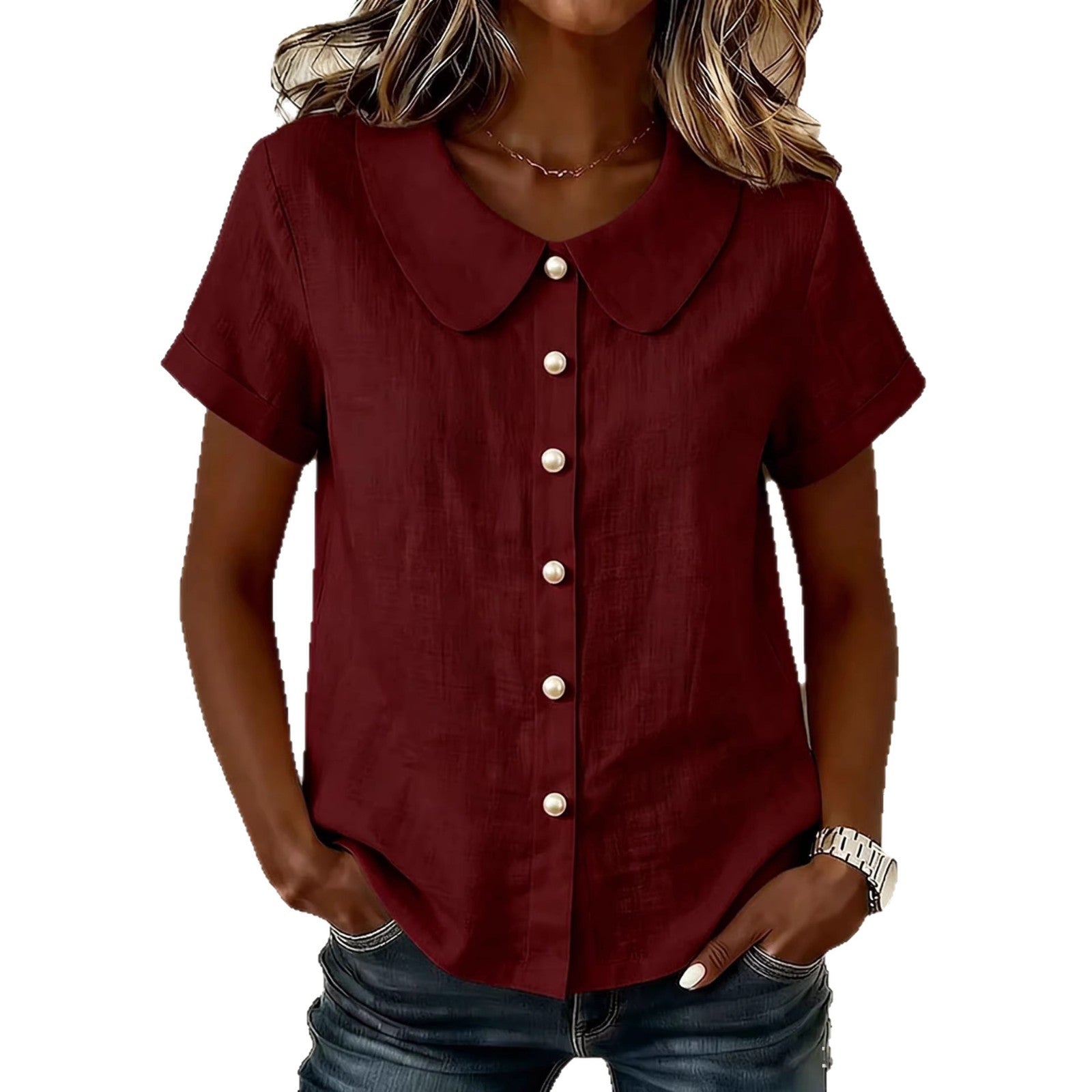 Solid-Color Loose-Fit Short-Sleeve Linen Shirt