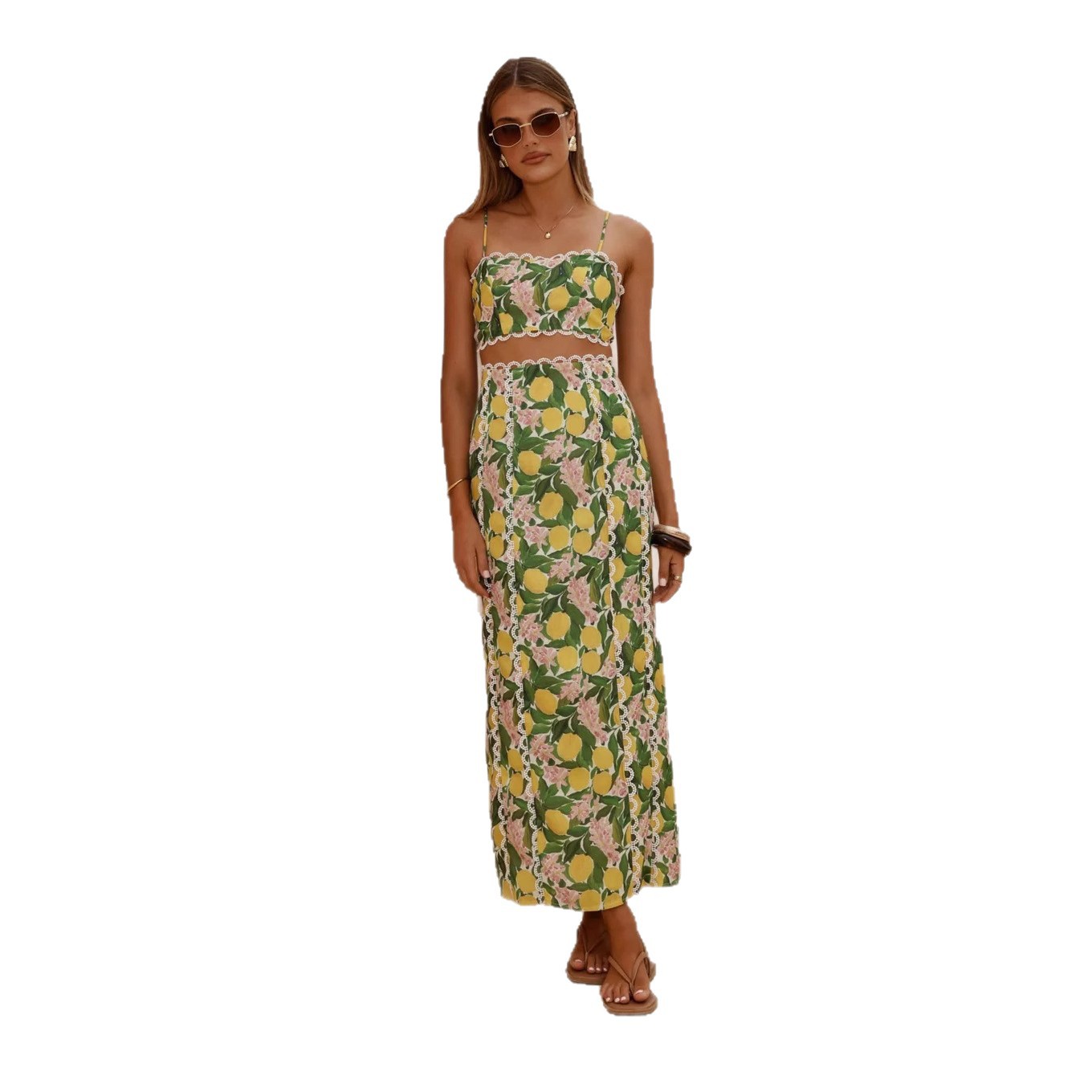 Lace-Trimmed Linen Camisole & Midi Skirt Set