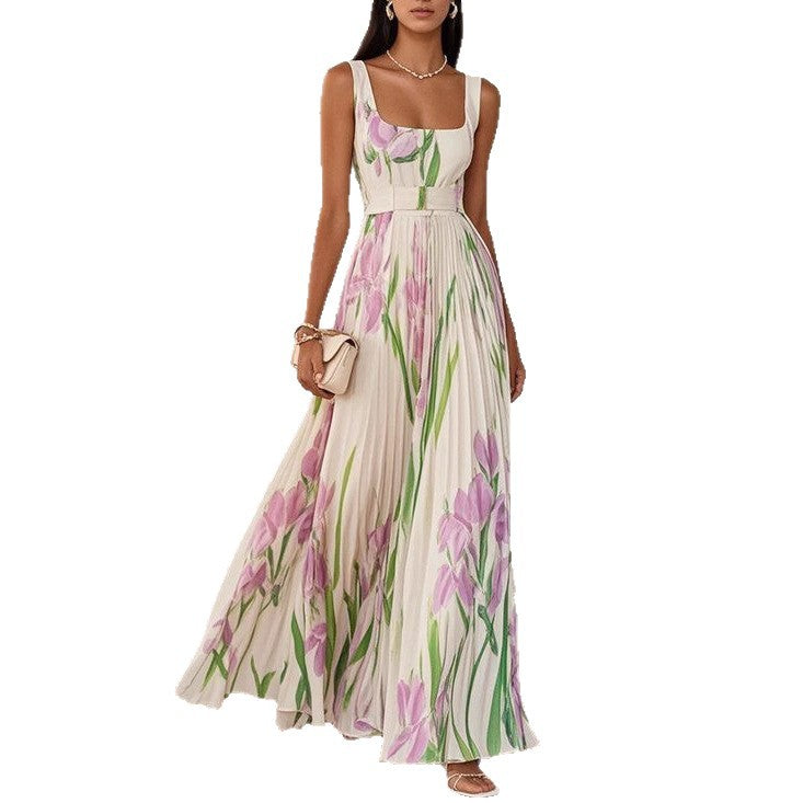 Garden Bloom High-Waist Pleated Midi Dress