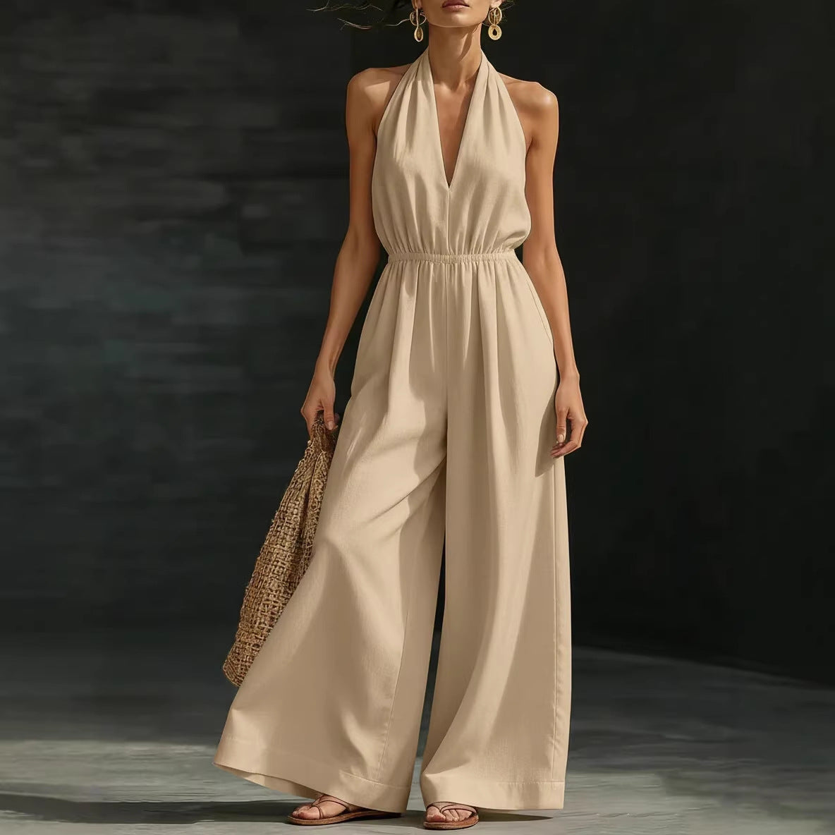 High-Waist V-Neck Halter Wide-Leg Cropped Jumpsuit