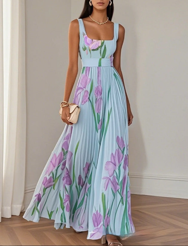 Garden Bloom High-Waist Pleated Midi Dress