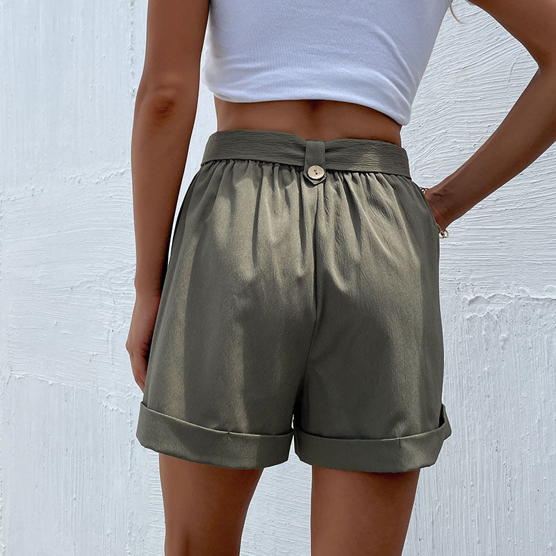 Mid-Waist Straight-Leg Casual Shorts with Belt