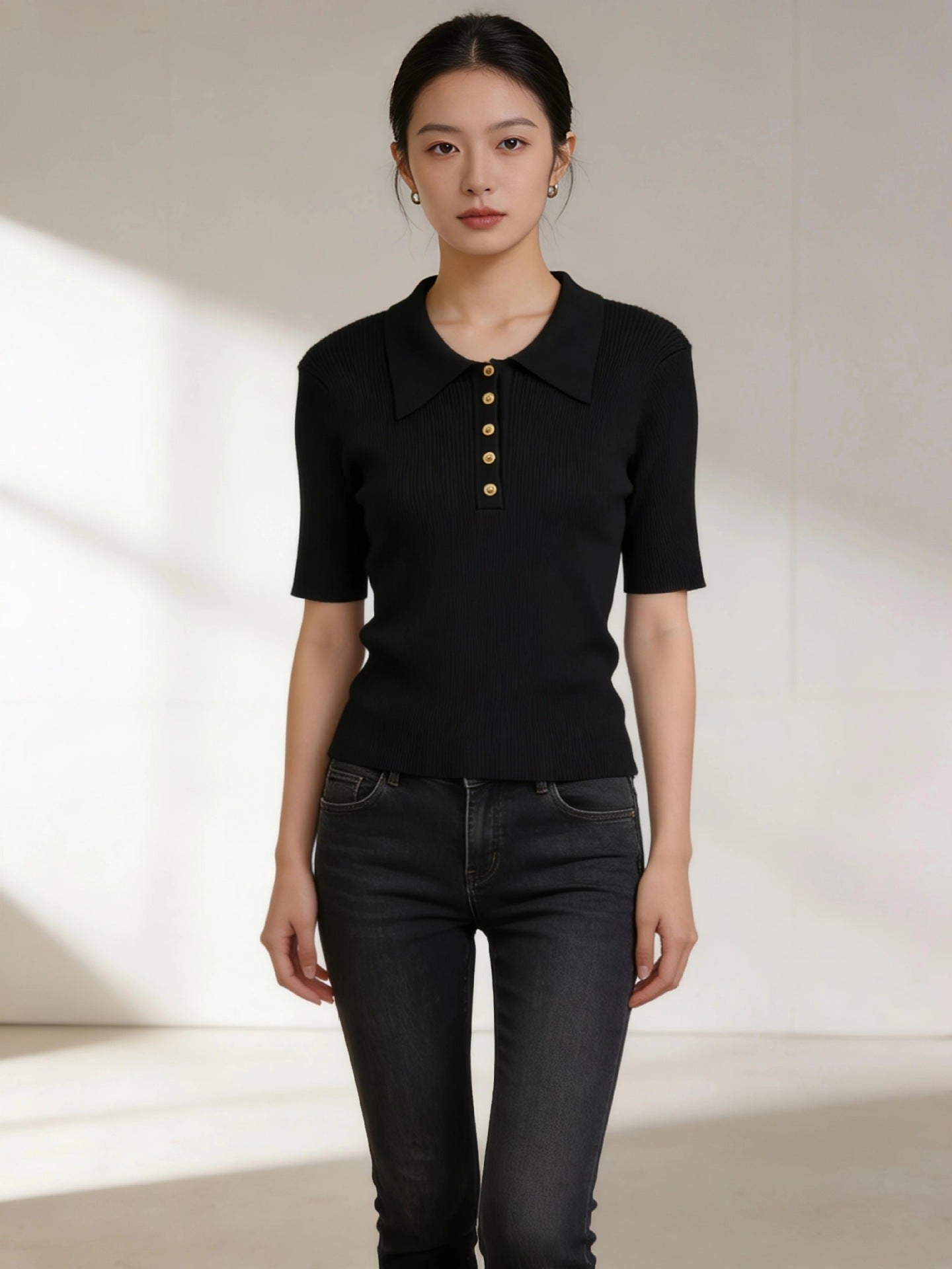 Chic Lapel Contrast-Knit Slim Top