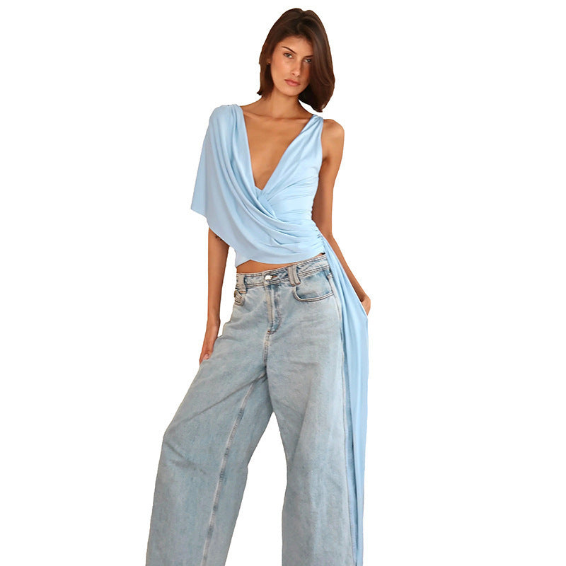 Irregular Deep V-Neck Tie-Waist Long-Sleeve Top