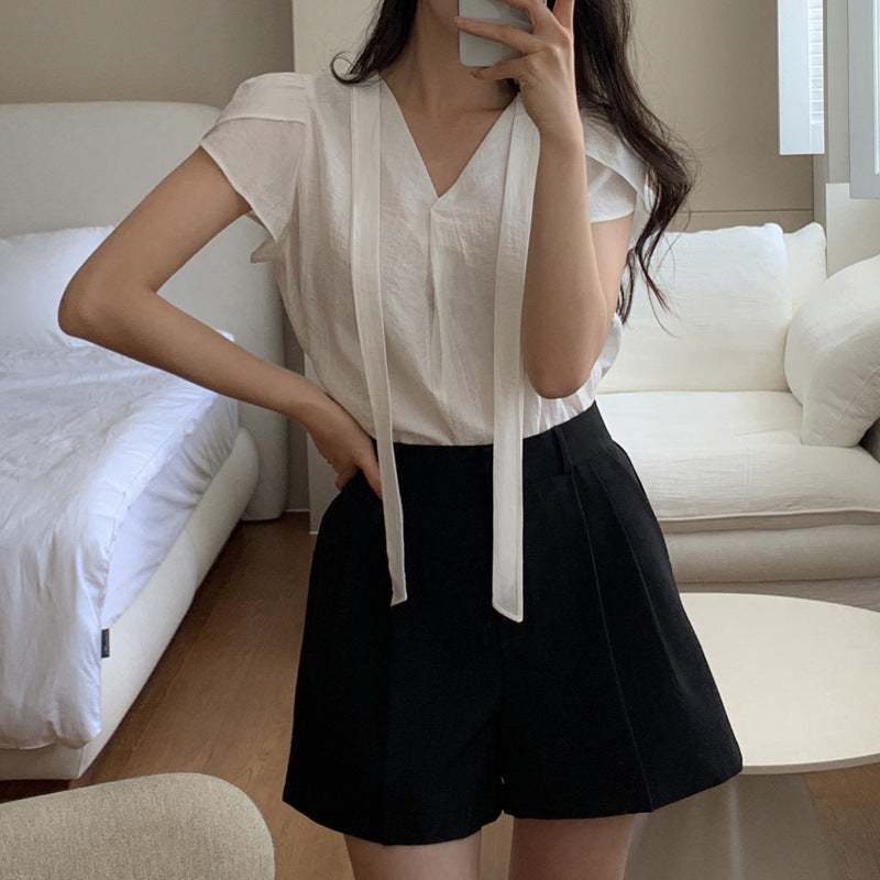 Ruffled-Sleeve V-Neck Cotton Blouse