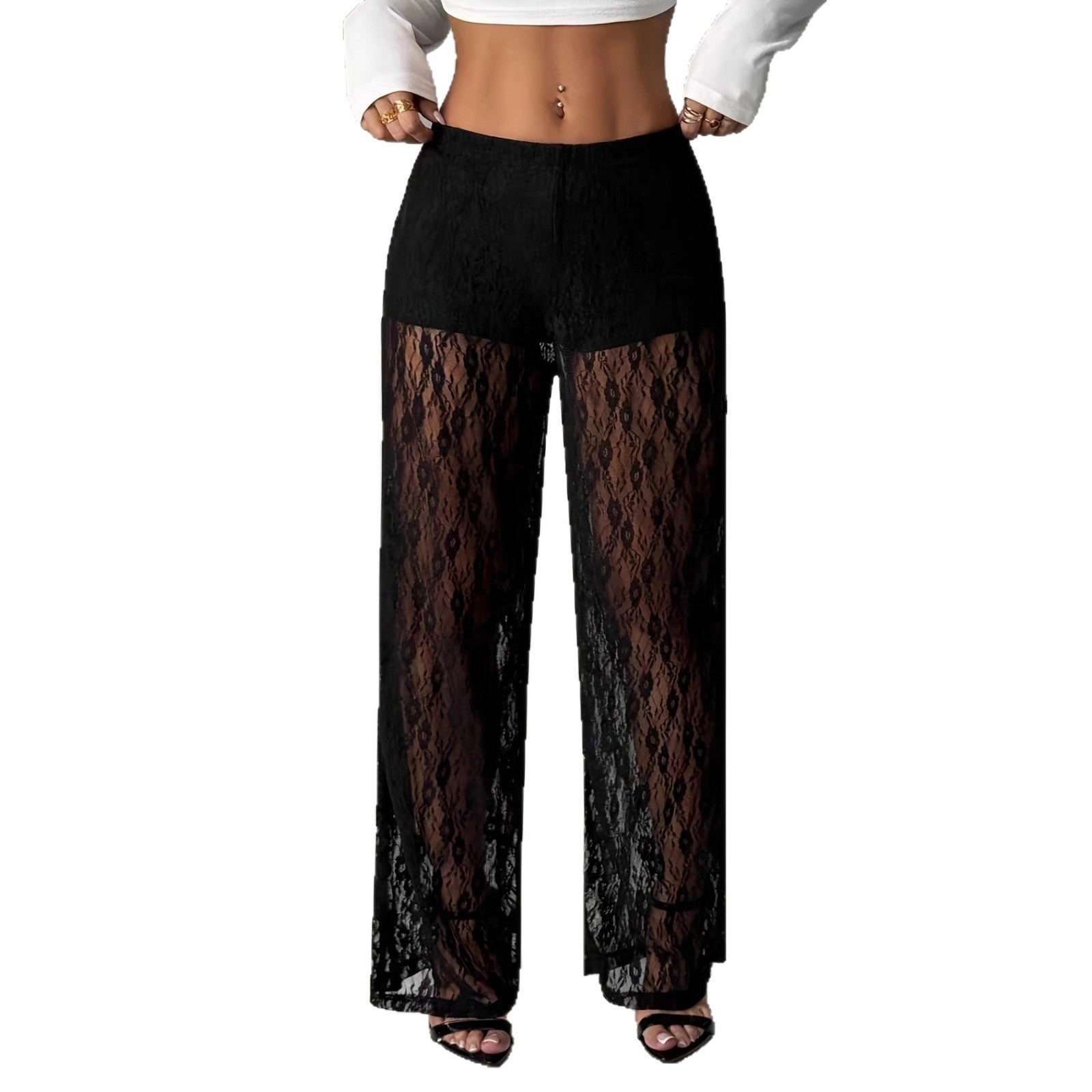 High-Waist Lace-Panel Wide-Leg Pants