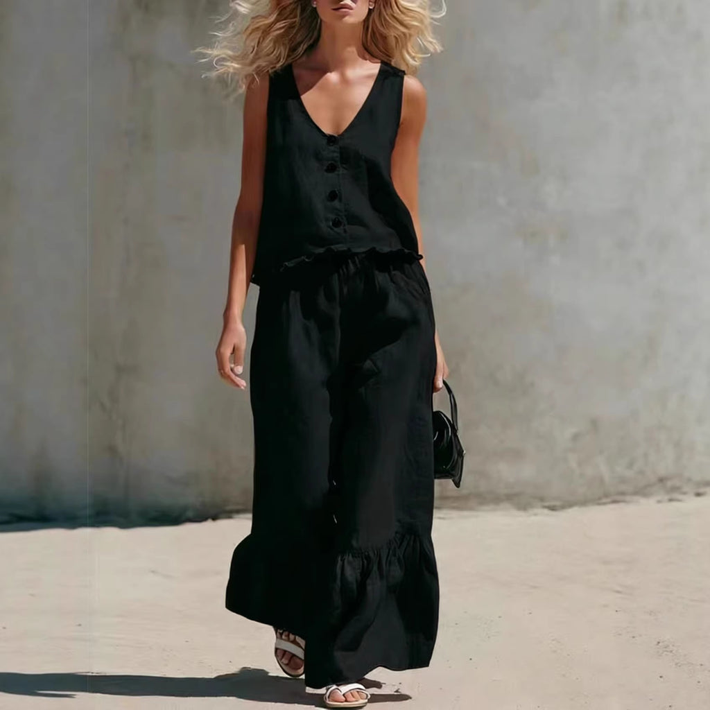 V-Neck Sleeveless Vest & Wide-Leg Pants Cotton-Linen Set