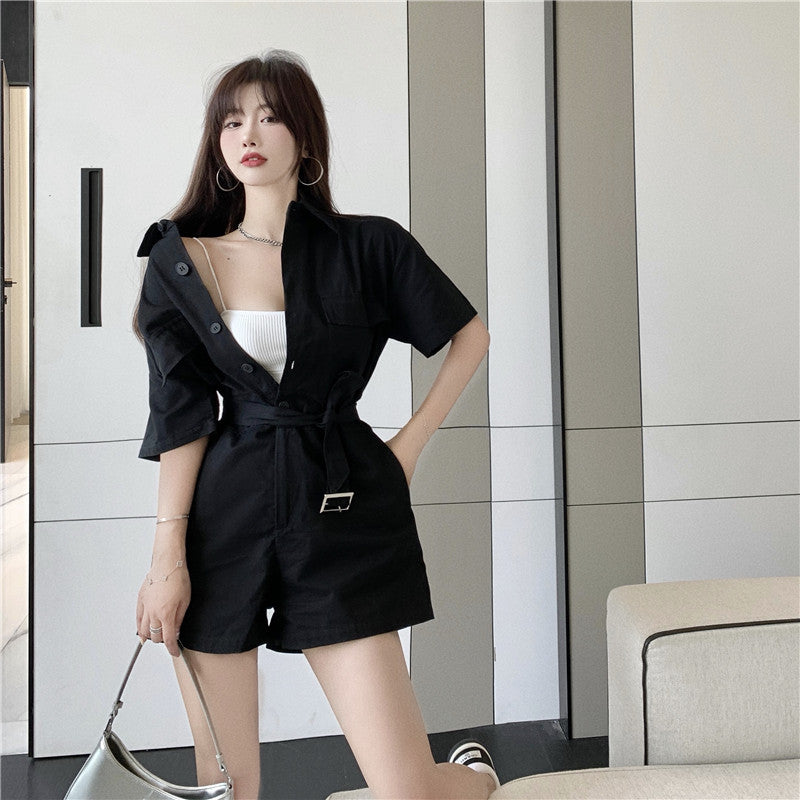 Casual Lace-Up Wide-Leg Shorts Jumpsuit