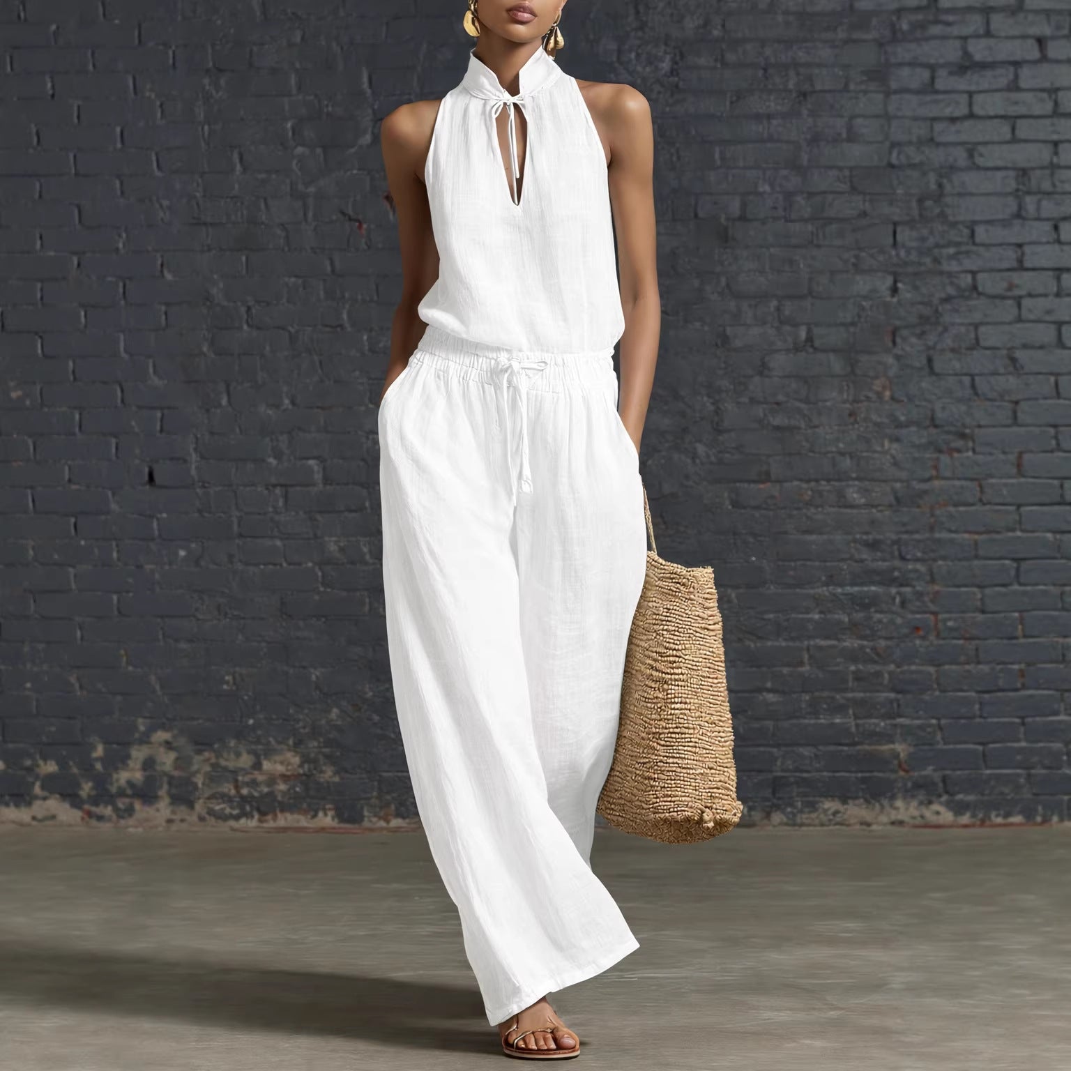 Breezy Linen Two-Piece Set — Sleeveless Top & Wide-Leg Pants