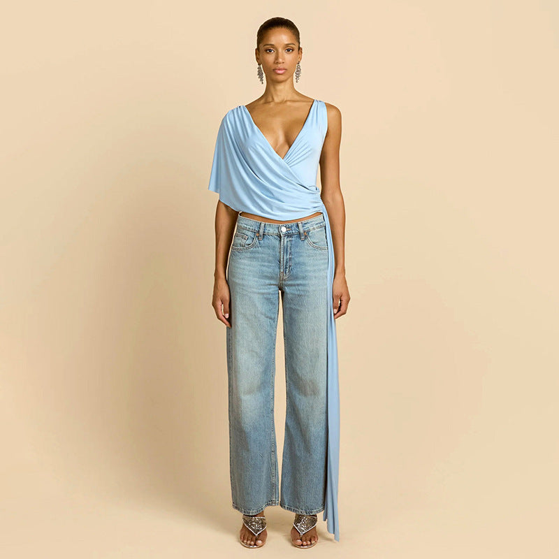 Irregular Deep V-Neck Tie-Waist Long-Sleeve Top