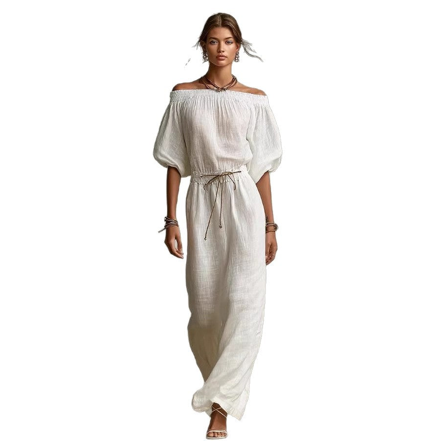 Casual Linen Lantern-Sleeve Top & Full-Length Pants Suit