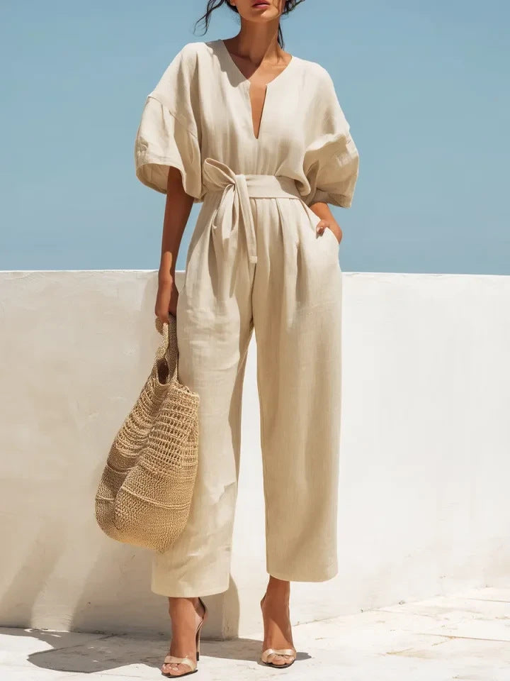 V-Neck High-Waist Cotton-Linen Wide-Leg Jumpsuit